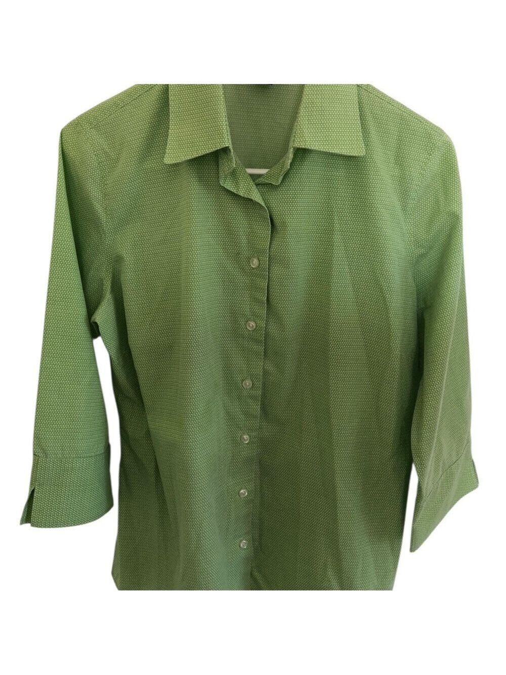Size 10 Petite Lands' End Light Green Dot Blouse 3/4 Sleeve Career Preppy